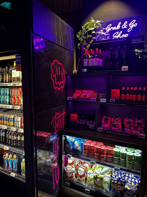 #aesthetic #wallpaper #neon #light #snack #bar #ideas #room #roomdecoration Beauty Salon Snack Bar, Gaming Room Snack Bar, Vibey Game Room, Snack Bar Bedroom, Snack Bar Aesthetic, Neon Bar Aesthetic, Neon Bar Design, Home Movie Theater Snack Bar, Hangout Room Ideas Woman Cave