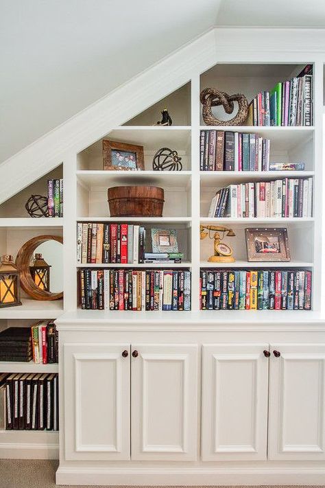 Everything You Ever Wanted to Know about Built-Ins – Superior Construction and Design, LLC | Superior Construction and Design, LLC Vaulted Built Ins, Understair Bookcase Bookshelves, Angled Built Ins, Vaulted Ceiling Built Ins Bookshelves, Slanted Ceiling Bookshelves, Living Room Bookshelves Built Ins, Home Library Rooms, Custom Bookshelves, Built In Shelves Living Room