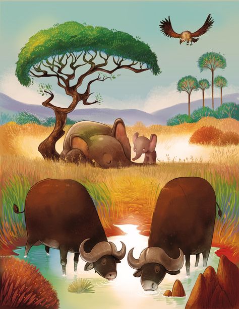 Animals In Nature Drawings, Tanzania Illustration, Safari Drawing, Safari Illustration, Africa Illustration, Africa Drawing, Book Illustration Layout, Safari Art, Elephant Illustration