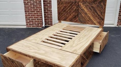 Diy King Bed With Storage, Scrap Wood Storage, Wood Storage Bed, Diy King Bed, Diy Farmhouse Bed, Bed With Drawers Underneath, King Size Storage Bed, Drawer Bed, Platform Bed With Drawers