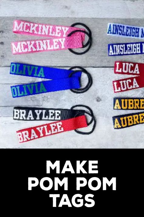 How to Make Pom Pom Tags Pom Pom Ribbon, Pom Pom Name Tags Diy, Cheer Crafts Diy, Cheer Diy Crafts, Pom Tags Diy, Cheer Squad Gifts Diy, Cheer Stuff Ideas, Diy Cheer Gifts For Team, Name Tags For Cheer Pom Poms Diy