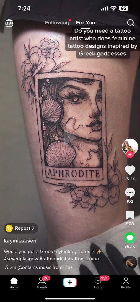 Greek Goddess Tarot Card Tattoo, Aphrodite Tarot Card Tattoo, Greek Feminine Tattoos, Aphrodite Tattoo Thigh, Greek Mythology Tattoos Thigh, Aprodithe Tattoo, Goddess Tattoo Design Greek Mythology, Greek Goddess Tattoo Aphrodite, Aphrodite Tattoo Symbol