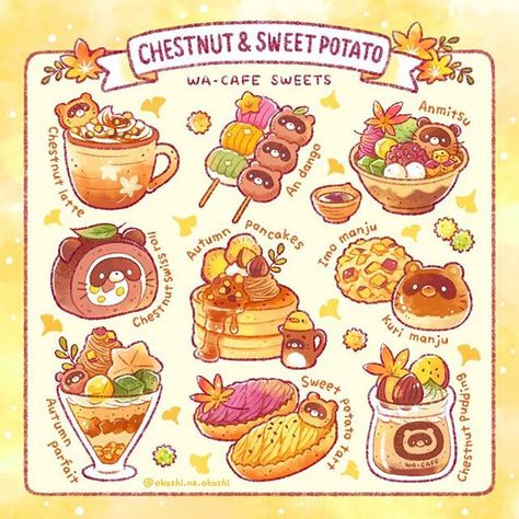 Autumn Sweets, Dessert Art, Aesthetic Foods, Chibi Food, Dessert Illustration, Food Doodles, 귀여운 음식 그림, Food Drawings, Foodie Art