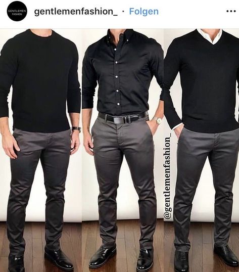 Mens Black And Grey Outfit, Navy And Gray Mens Outfit, Black Shirt Business Casual Outfit, Mens Buissnes Casual Outfits Winter, Grey Dress Shirt Men Outfits, Black And Grey Outfit Men, Grey Trousers Outfit Men Casual, Black Shirt Outfit Men Casual, Black Sweater Outfit Men