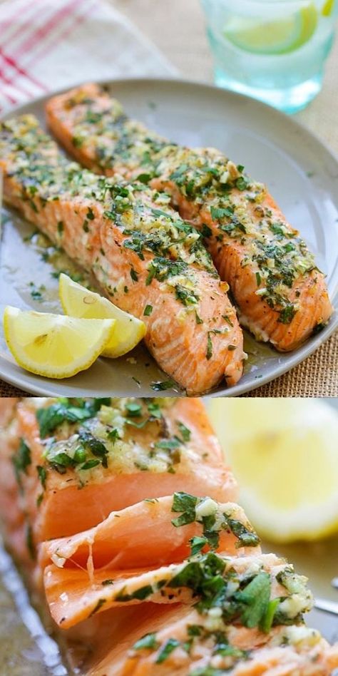 Salmon With Fresh Herbs, Lemon Salmon Marinade, Salmon Herb Recipes, Salmon With Herbs, Lemon And Herb Salmon, Herbed Salmon Recipes, Salmon And Scallops Recipe, Salmon And Scallops, Garlic Herb Salmon