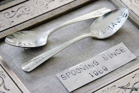 Spooning Since Silverware DIY (5 Unique Five Year Anniversary Gift Ideas). Five Year Anniversary Gift, Diy Wedding Gift, Stamped Spoons, And So It Begins, Vintage Spoons, My Funny Valentine, Silver Spoon, Year Anniversary Gifts, Newlywed Gifts