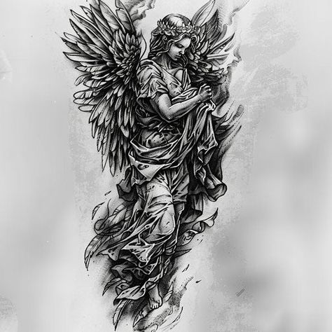 Guardian Angel Detailed Tattoo Designs Best Looking Tattoos For Men, Detailed Tattoo Designs, Guardian Angel Tattoo Designs, Greek God Tattoo, Guardian Angel Tattoo, Bear Tattoo Designs, Simple Arm Tattoos, Angel Tattoos, Henna Stencils