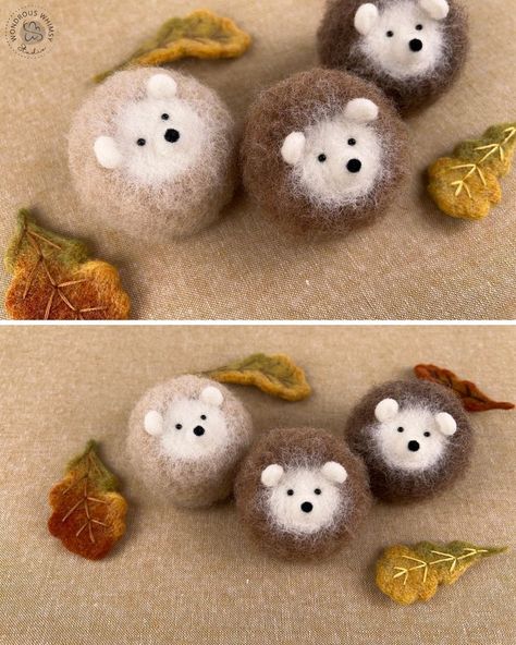 Learn how to needle felt your own adorable mini hedgehogs with the help of my free video tutorial! 🦔 Needle Felted Acorns Tutorial, Needle Felted Fall Ideas, Autumn Needle Felting Ideas, Needle Felt Autumn, Needle Felted Autumn, Fall Needle Felting, Needle Felt Owl, Needle Felted Ideas, Needle Felted Hedgehog