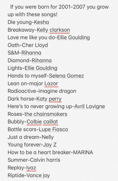 If you were born from 2001-2007 you probably now these songs.  Let me know which’s you new from your childhood❤️ Nostalgia Songs, Childhood Songs, Songs Everyone Knows, Rihanna Diamonds, Hands To Myself, Cher Lloyd, Music Recommendations, Chainsmokers, Ellie Goulding