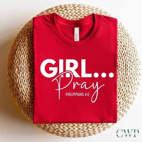 Empower your faith with our bold statement tee: ‘Girl Pray Philippians 4:6.’ This isn’t just fashion; it’s a call to action. In a world where prayer is the answer, this shirt is your daily reminder to embrace the power of Philippians 4:6. Get yours now and step confidently into a life guided by prayer. Don’t wait – make your statement today! #faithbasedapparel #faithbasedclothing #faithbasedtshirts #christianstreetwear #wearyourfaith #faithfashion #womanofgod #womanoffaith #faithinspired Gospel Clothing, Inspirational Pink Cotton T-shirt, Faith Based Shirts For Women, Clothing Branding Design, Faith Based T Shirts, Motivational Shirts, Faith Tshirts, Women Of The Bible Tshirt, Philippians 4 6