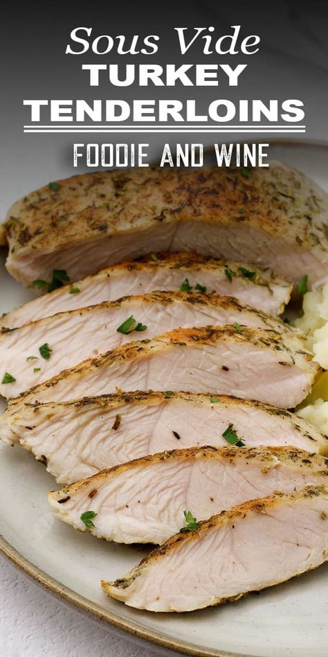 Turkey Tenderloin is coated with a classic turkey rub and cooked in a sous vide water bath, to create a perfectly tender sous vide turkey tenderloin. Turkey Tenderloin recipes are perfect for small family Thanksgiving dinners! Includes directions to make a quick garlic butter and herb pan sauce. Sous Vide Turkey Tenderloin, Small Family Thanksgiving, Turkey Breast Tenderloin Recipes, Turkey Seasonings, Turkey Loin, Sous Vide Roast Beef, Sous Vide Turkey, Turkey Tenderloins, Turkey Tenderloin Recipes