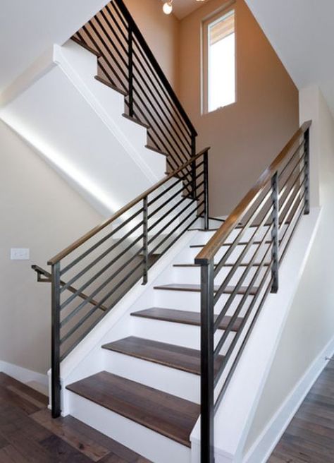 Metal Stair Railing, Interior Stair Railing, Wrought Iron Stair Railing, Modern Stair Railing, Handrail Design, Contemporary Staircase, Iron Staircase, Iron Stair Railing, Wrought Iron Stairs