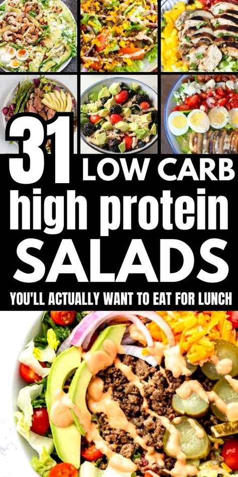 High Protein Salads for Low Carb Lunch Ideas: Looking for satisfying and healthy lunch options? These high protein salads are low in carbs and high in flavor. With a variety of ingredients like grilled chicken, quinoa, and avocado, these salads will keep you energized throughout the day. Low Carb Lunch Salads, High Protein Salads Low Carb Lunch Ideas, Low Carb And High Protein Recipes, Low Calorie High Protein Salads, Low Carb High Protein Lunch Ideas, Low Cal Lunches For Work, High Protein Bean Salad, High Protein Salads Low Carb, Healthy Low Carb Lunches