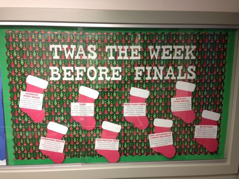 Final exams study tip bulletin board Finals Week Bulletin Board, Exam Bulletin Board Ideas, Ra Christmas Bulletin Boards, Study Tips Bulletin Board, Final Exam Study Tips, Ra Programs, Resident Assistant Door Decs, Dorm Bulletin Boards, Res Life Bulletin Boards