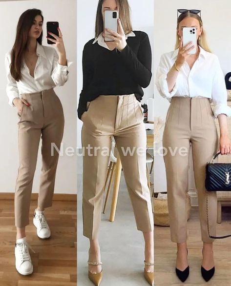 Beige Pantalon Outfit, Beige Pant Outfits Women, Beige Chinos Women Outfit, Outfit Pantalon Beige Mujer, Khaki Trouser Outfit Women, Elegant Beige Office Pants, Classic Beige Business Pants, Classic Fitted Beige Pants, Classic Fitted Beige Dress Pants