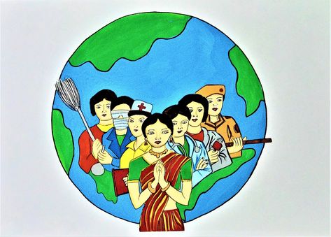 Women Empowerment Sketch Ideas, Poster Painting On Women Empowerment, Women Empowerment Poster Drawing, Women Empowerment Rangoli Designs, Art Sketches Women Empowerment, Womens Day Drawing Ideas, Women Day Drawing, Save Earth Poster Drawing, Women Empowerment Painting