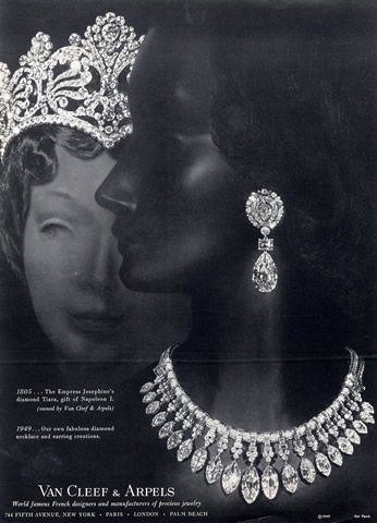 Van Cleef & Arpels Jewelry print. The Empress Josephine's Diamond Tiara, c1805. Diamond Necklace and Earrings, c1949. Diamond Necklace And Earrings, Tiara Necklace, Empress Josephine, Van Cleef And Arpels Jewelry, Diamond Tiara, Van Cleef And Arpels, Jewelry Ads, Diamond Jewel, Royal Jewels