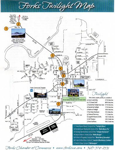 The map for the Twilight Tour of Forks, filled with very touristy landmarks, very few being authentic to the movies (but who cares...I mean, it's Twilight)! Twilight Forks Map, Twilight Trip, Washington Twilight, Forks Washington Twilight, Twilight Forks, Forks Twilight, Town Layout, Twilight Dr, Washington Trip