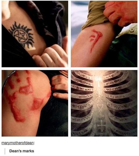 dean's marks / anti-possession tattoo, the mark of cain, cas' handprint, and the anti-angel tracking carving The Mark Of Cain, Supernatural Handprint, Dean Winchester Handprint, Winchester Tattoo, Destiel Tattoo Ideas, Destiel Tattoo, Dean Winchester Tattoo, Destiel Handprint, Spn Tattoo Ideas