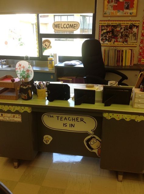 My desk Peanuts Classroom Decor, Peanuts Classroom Theme, Snoopy Classroom Theme, Peanuts Gang Classroom, Charlie Brown Classroom, Brown Classroom, Class Decor Ideas, Peanuts Decor, Peanuts Classroom