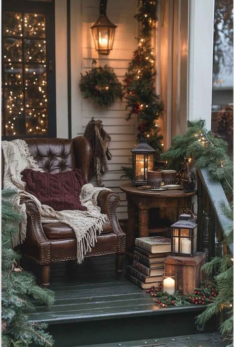 A Dark Academia Christmas Library Porch Decoration - The Mood Guide Dark Academia Christmas Decor, Academia Christmas Aesthetic, Dark Academia Christmas Aesthetic, Light Academia Christmas, Dark Academia Colors, Christmas Academia, Moody Christmas Decor, Dark Academia Christmas, Academia Christmas