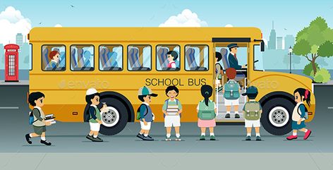 Students are Walking on the Bus Bus Stop Illustration, Bus Colour, Crowded Bus Illustration, Cartoon School Bus, School Bus Cartoon Image, School Bus Clipart, Bus Cartoon, Bus Front View, Happy Illustration