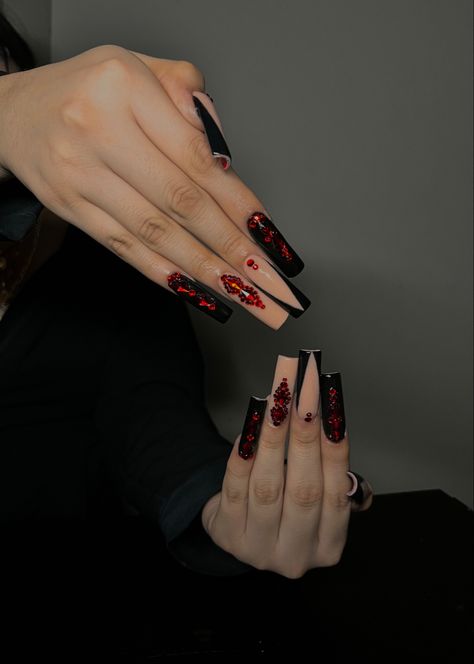 Red Bottom Nails With Bling, Ted And Black Acrylic Nails, Medium Red Bottom Nails, Red Bottom Nails Ideas, Long Red And Black Acrylic Nails Design, Red And Black Nails Medium Length, Red And Black Nails With Initials, Black Nails With Red Diamonds, Black And Red Nails With Gems