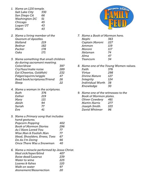 Family+Feud+Game+Questions+Printable Lds Family Feud Questions, Family Fued Questions And Answers, Bible Family Feud, Family Feud Game Questions, Family Feud Questions And Answers, Family Feud Questions, Christmas Family Feud, Mutual Activities, Game Questions