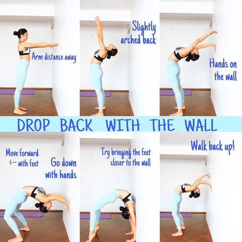 Wheel pose + the wall=🤩 So when it comes to intense back stretching the wall will be your best friend! 1-To start your dropback stand about an arm distance away from the wall. 2-Slightly arch your back and start bending backwards. (If you can’t go down any further that’s okay, remain there) 3-First place one hand then place the other one. Keep them shoulder distance apart. Press onto the wall firmly. 4-Lift your belly button up and crawl down the wall. While crawling down walk forward a couple Best Hiit Workout, Wheel Pose Yoga, Wall Yoga, Back Stretching, Yoga Poses For Two, Different Types Of Yoga, Wheel Pose, Body Transformations, Aerial Fitness