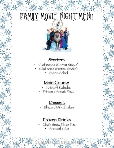 Disney Family Movie Night Disney Frozen Movie Night Frozen Disney Dinner Ideas, Frozen Menu Ideas, Disney Dinner And Movie Night Frozen, Frozen Movie Dinner Ideas, Frozen 2 Movie Night, Frozen Themed Food Dinners, Movie Night Dinner Match Ups, Movie Food Night, Frozen Dinner And A Movie