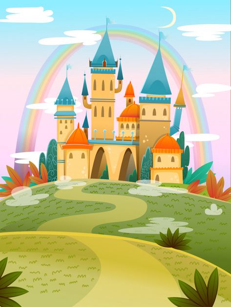 Fairytale Cartoon, Castle Fairytale, Castle Cartoon, Kid Illustration, Rainbow Vector, Kids Castle, Castle Illustration, Castle Background, Illustration Story