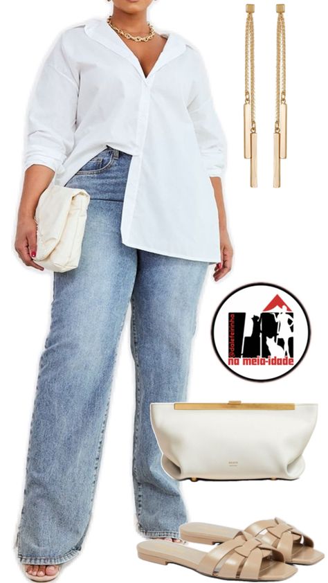 Moda estilo meia idade midsize fashion style over 50 Jeans White Shirt Outfit, Midsize Jeans, White Shirt Outfit, White Shirt Outfits, Jeans White, Middle Age, Curvy Fashion, Shirt Outfit, White Shirt