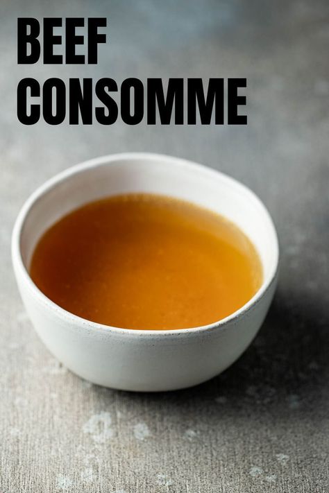 Beef consommé is a deep, flavorful, clear, delicious beef stock concentrated with the flavors of the beef and aromatics it is cooked with. Strained until ultra clear, it is amazing served on it's own in a mug or with extremely simple ingredients to highlight the flavor of the broth. Beef Consomme Recipe, Sous Vide Roast Beef, Authentic French Recipes, Beef Consomme, Consomme Recipe, Roast Frozen Broccoli, Classic French Recipes, Roasted Leeks, Wine Butter