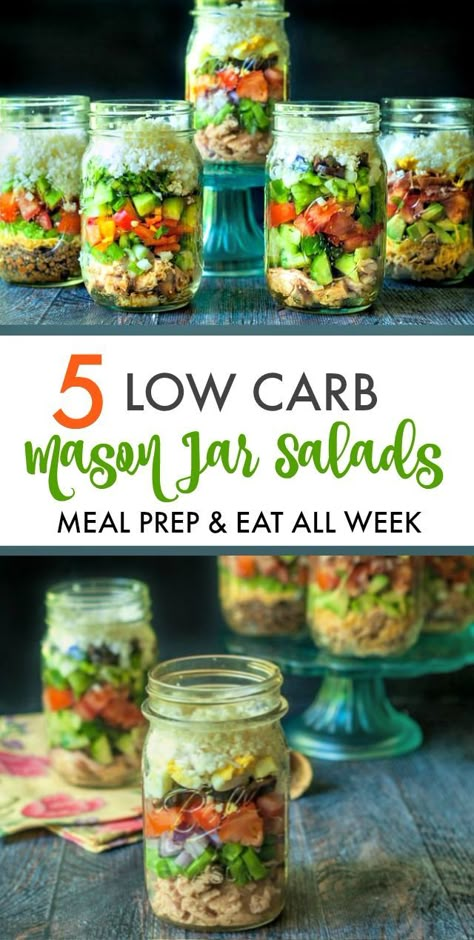 5 Low Carb Mason Jar Salads for Lunch - These are easy to make and will stay fresh all week, not soggy. I like them because they make for a filling low carb lunch. | MyLIfeCookbook.com #masonjarsalads #masonjars #saladinajar #lowcarb #Lunch #cauliflowerrice #keto Salads For Lunch, Mason Jar Salads, Salad Jar Recipe, Jar Salads, Mason Jar Salad Recipes, Salad Meal Prep, Boiled Egg Diet Plan, Low Carb Salad, Mason Jar Salad