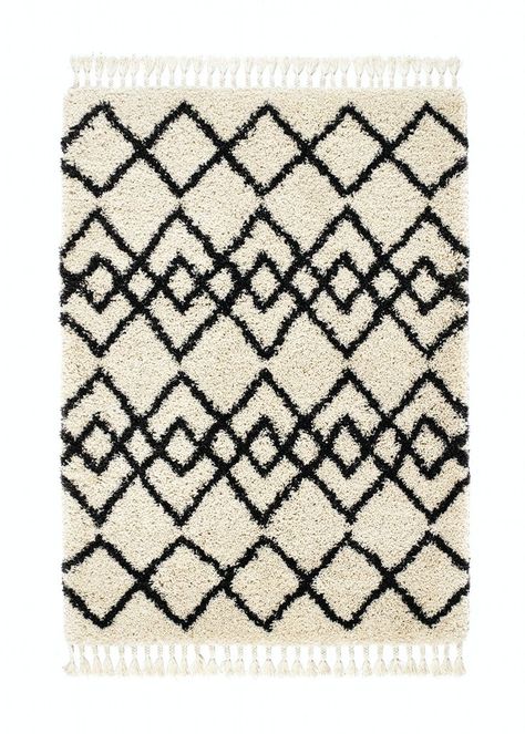 This deep pile shaggy rug by Origins features a Moroccan style design, which can be effortlessly introduced into any interior. Woven using 100% heat set polypropylene, this timeless rug is stylish, hard wearing and long lasting. It features an ivory base colour, which is contrasted by an intricate charcoal pattern and complete with delicate tassel edging. Pair with Moroccan style accessories to create a captivating and welcoming feel. Dimensions: 80cm x 150cm. Charcoal Color Scheme, Moroccan Decor Living Room, Fringe Rugs, Rug Aesthetic, Moroccan Style Rug, Charcoal Rug, Diamond Rugs, Moroccan Decor, Bedroom Boho