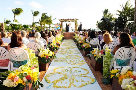 Bright flowers down the aisle decoration Aulani Wedding, Rose Petal Aisle, Wedding Aisles, Ceremony Aisle, Bridal Guide, Wedding Inside, Disney Aulani, Aisle Runner, Hawaiian Wedding