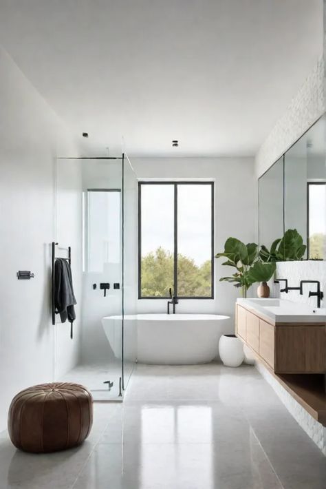 Allwhite bathroom with modern fixtures Japanese Soaking Tub Shower Combo Master Bath, Tub In Corner Of Bathroom, Tub Not Centered Under Window, Bathroom With Tub And Shower Layout, Bathtub In Front Of Window, Cosy Bathroom Ideas, Tub And Shower Side By Side, Small Master Bath Ideas, Bath Under Window