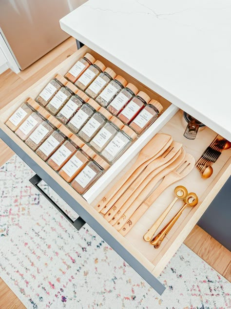 SPICE DRAWER ORGANIZATION | Gracefully Glam Kitchen Drawer Spice Organization, Deep Drawer Spice Organization, Spice Drawer Pull Out, Spice Drawer Organization, Gracefully Glam, Spice Organization Drawer, Kitchen Sink Organization, Utensil Drawer, Drawer Organization