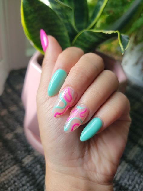 Minimalist nail art full set nail design inspo IG @ Nailsby.danny 
Ig @ SpicyAivy Bright Teal Nails With Design, Teal Nail Designs Almond Shape, Teal And Pink Nails Ideas, Pink And Teal Nails, Teal Squiggle Nails, Teal And Pink Nails, Pink And Teal Nails Design, Torquise And Pink Nails, Bright Pink And Teal Nails