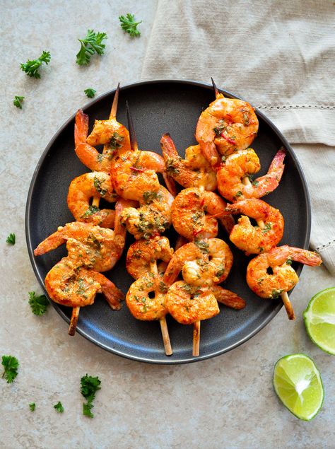 Eat Like A Model, Harissa Shrimp, Pumpkin Pie Cheesecake Bars, Prawn Skewers, Spring Roll Pastry, Harissa Recipes, Pistachio Pesto, Crispy Shrimp, Shrimp Appetizers