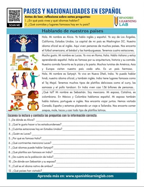 Here is a great PDF worksheet with f passages about countries and nationalities in Spanish plus some questions about them to encourage students to practice this important vocabulary Spanish Reading Activities, Spanish Learning Activities, Spanish Reading Comprehension, Spanish Classroom Activities, Spanish Lesson Plans, Spanish Worksheets, Spanish Teaching Resources, Spanish Reading, Spanish Activities