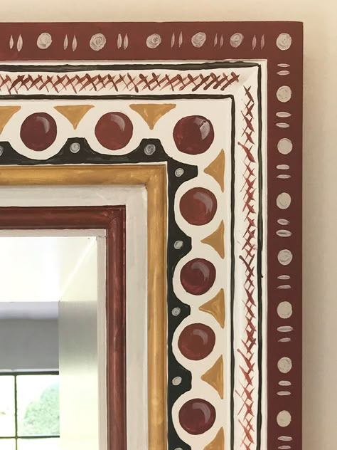 Painted Wall Borders, Tess Newall, Vintage Hand Painted Furniture, Geometric Borders, Floating Canvas Frame, Folk Decor, Mirror Frame Diy, Latest Living Room Designs, Powder Room Decor