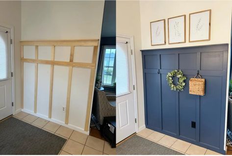 Mudroom Accent Wall Ideas, Navy And White Board And Batten, Board And Batten Half Wall Entryway, Board And Batten Front Entry, Hallway Walls Ideas, Split Entry Remodel Entryway, Wall Behind Front Door, Bi Level Entryway, Small Split Level Entryway Ideas