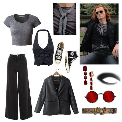 crowley Halloween costume inspo Good Omens Fashion, Crowley Aziraphale Cosplay, Crowley Halloween Costume, Crowley Good Omens Costume, Crowley Good Omens Inspired Outfits, Crowley Costume Female, Good Omens Crowley Cosplay, Good Omens Costume, Good Omens Halloween Costume