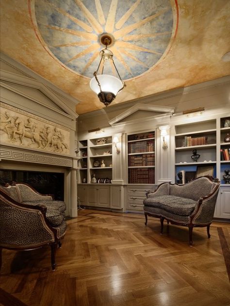 Greek Office Design, Greek Living Room Interior Design, Greek Aesthetic Interior, Greek Interior Design Bedroom, Greek Mythology Interior Design, Ancient Greek Interior Design, Greek Style Interior Design, Residential Library, Greek Library