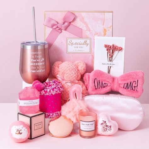 PRICES MAY VARY. 💝Gifts for Women ：This is a gift basket that is sure to surprise the recipient. A well-matched pink gift set includes 1*12 oz Rose Gold insulated stainless steel tumbler (with straw), 1*scented candles，1* Handmade bar soap，1* Bath bomb，1* Bear Shaped Towel，1* Sleep eye mask，1* Cute bow headband，1* Cupcake socks，1* Cute keychain，1* rose golden mirror，and an exquisite gift box with greeting card. 👍Natural & Safe Materials:12 oz insulated stainless steel tumbler is made of 304 Gr Female Gift Ideas, Feel Better Gifts, Gift Baskets For Women, Gifts Set, Gift Boxes For Women, Get Well Soon Gifts, 1 Rose, Relaxation Gifts, Gift Sets For Women