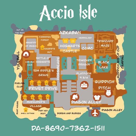 Animal Crossing Hogwarts Design, Acnh Harry Potter Designs, Acnh Harry Potter Design Codes, Harry Potter Acnh Island, Acnh Hogwarts Castle, Maple Acnh, Animal Crossing Harry Potter Island, Acnh Harry Potter, Harry Potter Animal Crossing