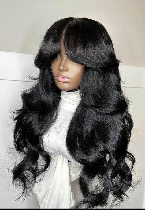 Body Wave Hair With Bangs, Big Teased Hair, Classy Wigs For Black Women, Wavey Hair Styles Long Natural, Wig With Bangs For Black Women, Curtain Bangs Wig, Bonnet Cap, Loose Waves Hair, Wig Color