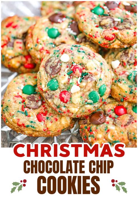 Christmas Chocolate Chip Cookies Christmas Choc Chip Cookies, Santa Chocolate Chip Cookies, Christmas M&m Cookie Bars, Christmas Cookies Chocolate Chip, Holiday Chocolate Chip Cookies, Festive Chocolate Chip Cookies, Chocolate Cookie Recipes Christmas, Christmas Sink Cookies, Winter Wonderland Chocolate Chip Christmas Cookies