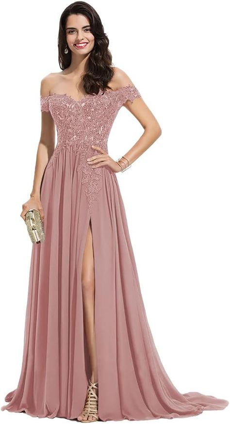 Off Shoulder Bridesmaid Dress, Off Shoulder Evening Dress, Dusty Rose Bridesmaid Dresses, Rosa Gold, Prom Dresses With Pockets, Evening Party Gowns, Dusty Rose Dress, Prom Dresses Long With Sleeves, Chiffon Prom Dress